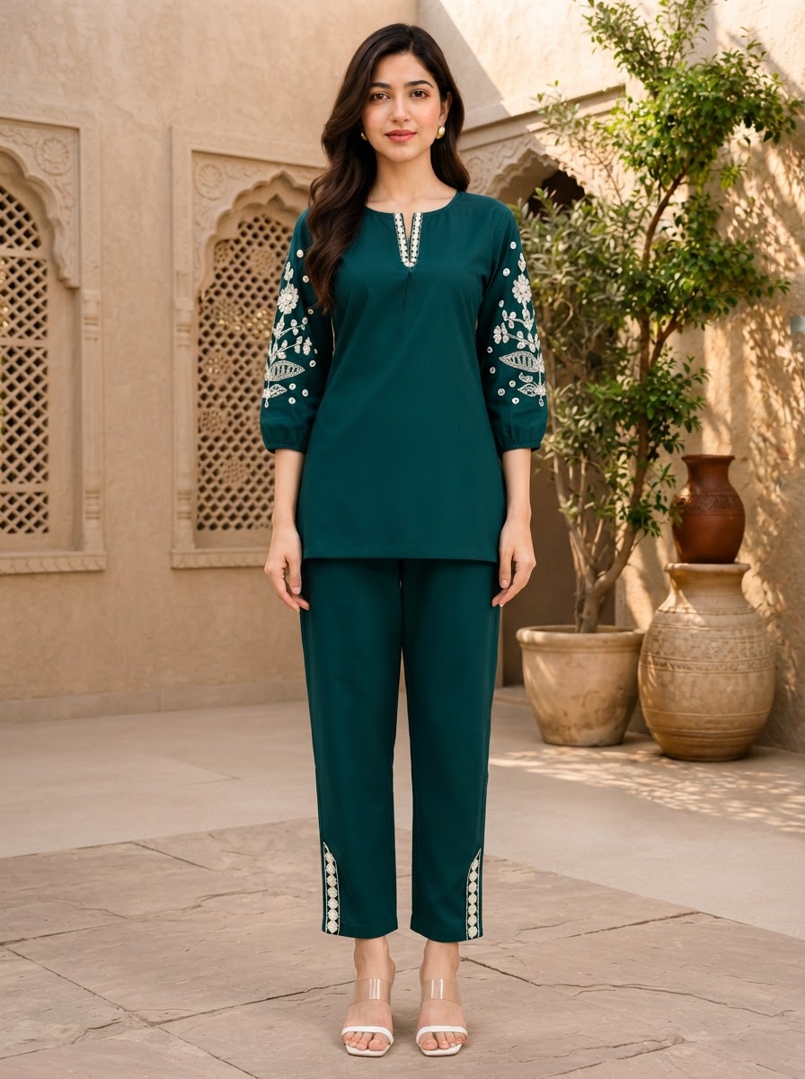 Balloon Sleeve Embroidered Co-ord Set