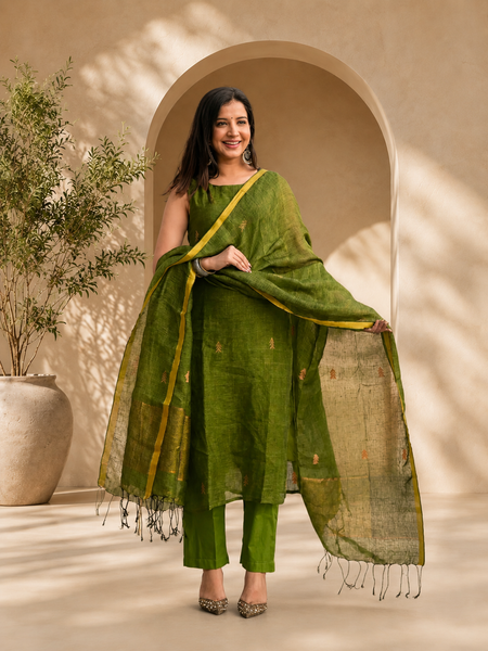 Sleeveless Kurta Pant Set with Tassel Dupatta