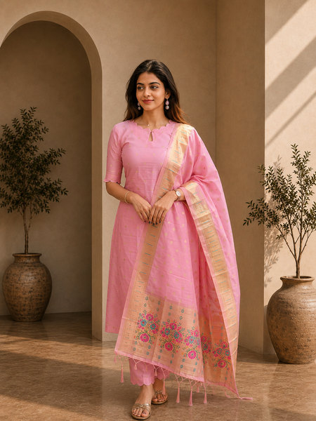 Scalloped Neck Kurta Pant Set with Dupatta